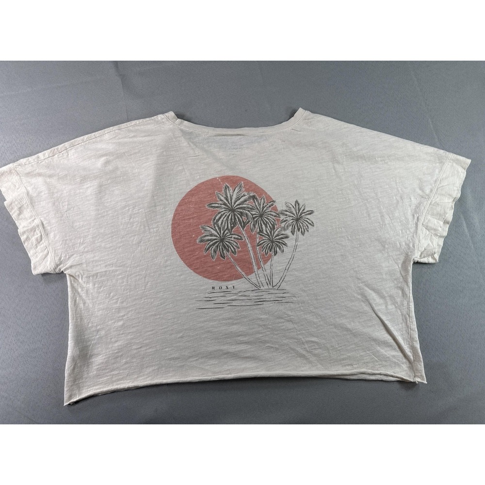Roxy Womens Beige Graphic Tee Palm Tree Print Loose Fit Top 100% Cotton